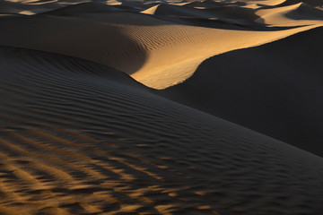 Abstract desert sand dunes with deep shadows before sunset.