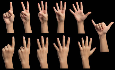 Isolated hand gestures and signals from Asian female child hand, multiple options. Includes clipping path.