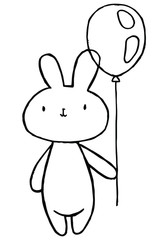 Vector illustration. Cartoon rabbit. Cute character. Rabbit with a balloon in his hands. Coloring page. Emotions Stickers Black line. Use for kids stuff. Love, romance and friendship. Joy and happines