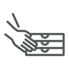 Hands holding pizza boxes line icon, pizza and service, pizza delivery sign, vector graphics, a linear pattern on a white background, eps 10.