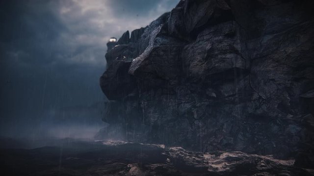 3d animation render of Lighthouse, boat, rain, sea, ocean, fog - 3