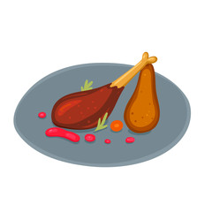 Baked duck leg with pear isolate on a white background. Vector graphics.