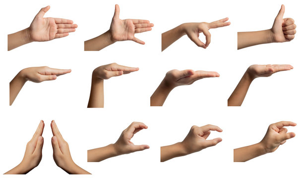 Isolated hand gestures and signals from Asian female child hand, multiple options. Includes clipping path.