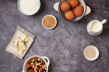 Easter cake baking ingredients and place for text.
