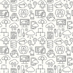 Cloud data storage seamless pattern with line style icons. Database background, information, global network, server center, backup and security vector illustration. Cloud computing.