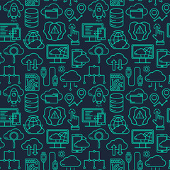Fototapeta na wymiar Cloud data storage seamless pattern with line style icons. Database background, information, global network, server center, backup and security vector illustration. Cloud computing.