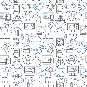 Cloud Data Storage Seamless Pattern With Line Style Icons. Database Background, Information, Global Network, Server Center, Backup And Security Vector Illustration. Cloud Computing.