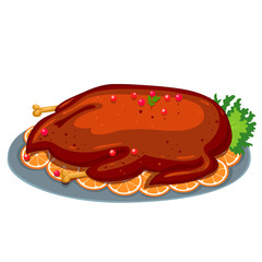 Baked duck with oranges isolate on a white background. Vector graphics.