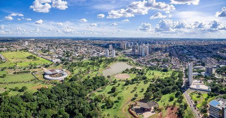 Panoramic aerial view of the city of Campo Grande MS, Brazil and the park of the indigenous...
