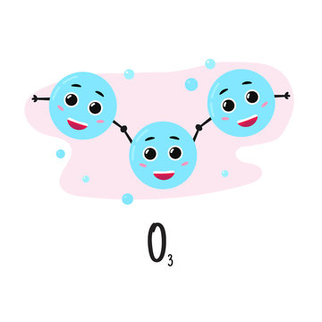 Structure of ozone molecule. Oxygen atom. Cartoon cute character. Study of chemistry. Vector illustration.