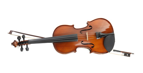 Fototapeta premium Beautiful classic violin and bow on white background, top view. Musical instrument