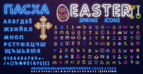 Glowing neon line Easter icons with russian alphabet isolated on blue background. Happy Easter. Vector Illustration inscriptions in Russian: EASTER