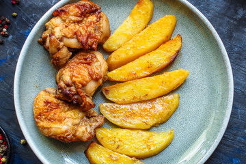 fried chicken and potatoes, keto or paleo diet menu concept food background. top view. copy space for text