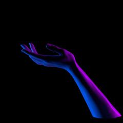 Neon duotone open hand sculpture giving, holding, take or showing something gesture isolated on black background, 3d illustration,