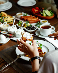 breakfast set with various food on the table
