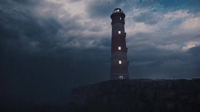 3d animation render of Lighthouse, boat, rain, sea, ocean, fog - 3