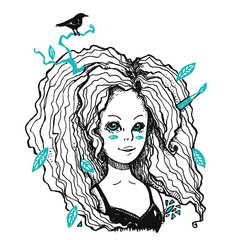 Hand drawn illustration. Girl with curly hair. Women with wave hairstyle. Anti-Frizz Month.