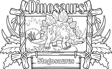 cartoon prehistoric stegosaurus dinosaur, coloring book, funny illustration