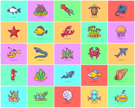 Pack Of Undersea Flat Icons 