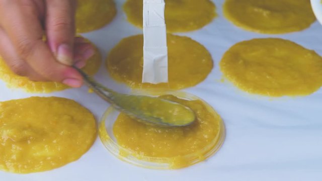 Dried conserve mango fruit homemade making style 4K footage.