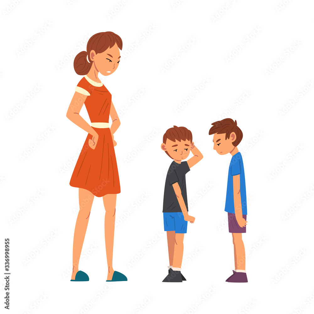 Poster angry mother scolding her naughty sons, relationships between kids and parent vector illustration