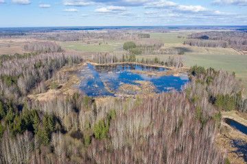 Aerial view of lake between forest and fields