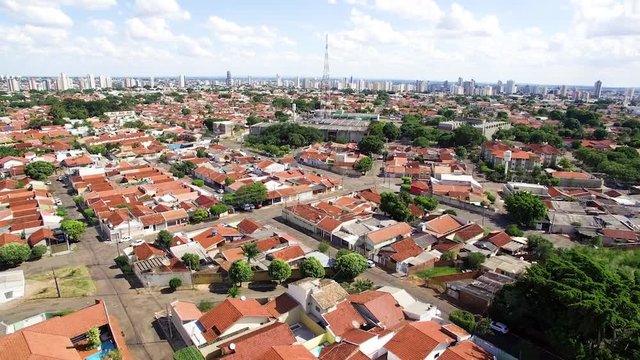 Panoramic aerial view of the Autonomist neighborhood and surroundings, at the city of Campo Grande MS, Brazil. Capital of Mato Grosso do Sul state. Low density area, wooded city in development.