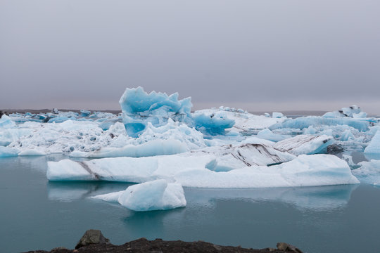 Eisberge in isl&auml;ndischer Gletscherlagune J&ouml;kulsarlon, teilweise mit Seehunden. Gletscherabbruch.