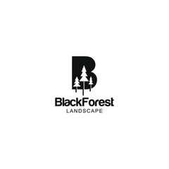 letter B and pine trees for black forest landscape logo design ideas
