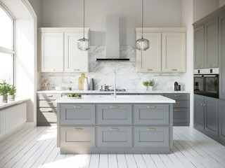 3d rendering of a beige and grey scandinavian kitchen with island and glass lamps
 - obrazy, fototapety, plakaty