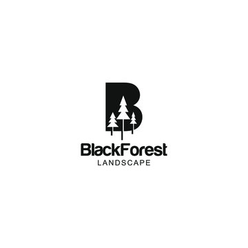 letter B and pine trees for black forest landscape logo design ideas