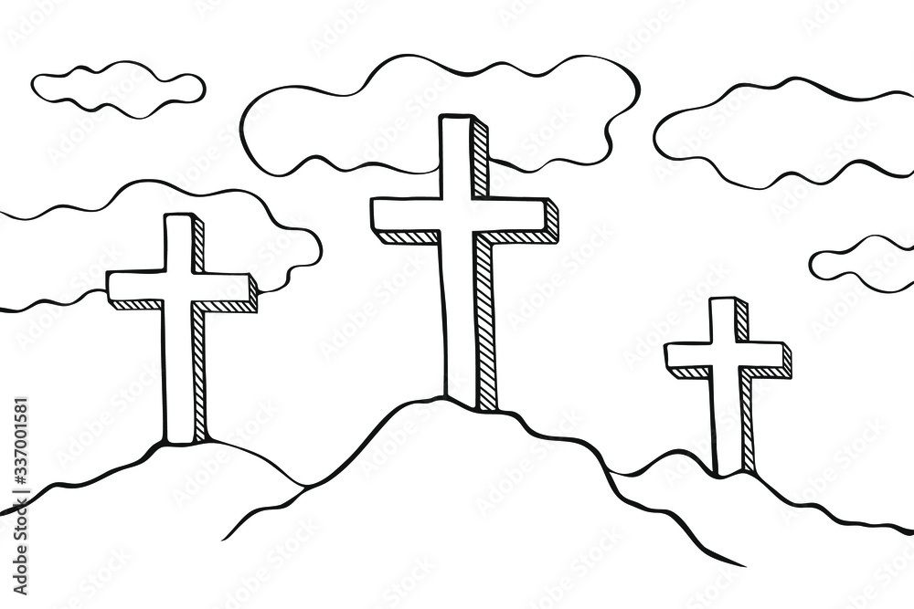 Wall mural easter three crosses vector illustration. an illustration is drawn in pencil. christian coloring boo