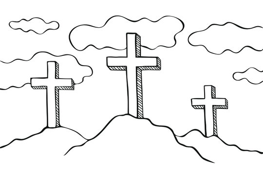 Easter three crosses vector illustration. An illustration is drawn in pencil. Christian coloring book.