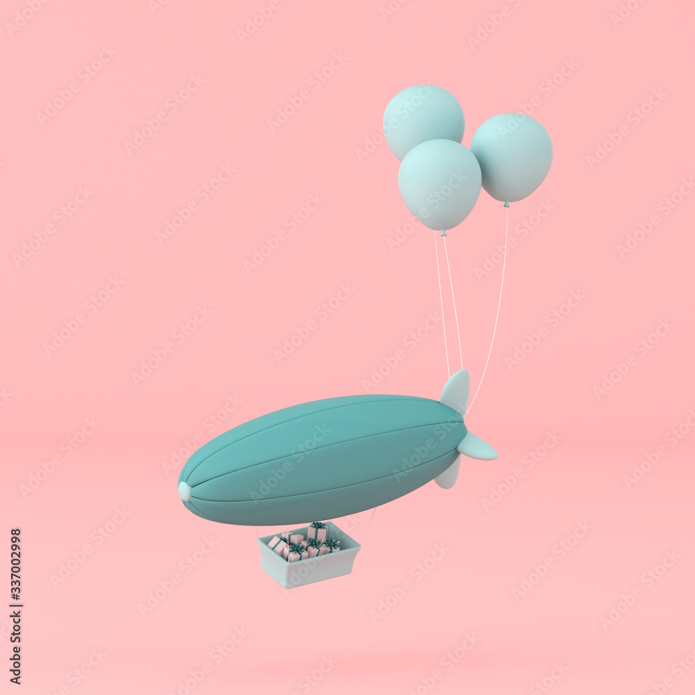 Poster minimal concept of balloons and airship with present in the basket on pastel background. 3d renderin