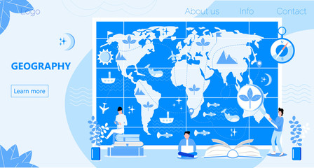 Atlas with metrics, compass, and oceans concept vector. Geographers study earth. Geography online and topography research illustration. Teacher in front of map in school