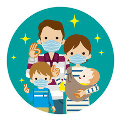Family wearing medical mask - circular clip art