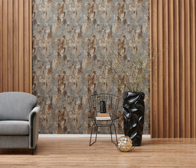 Grey wallpaper background with brown luxury decor, armchair, black vase of plant.