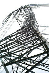 High angle view of high voltage electricity tower in sunny day with clear sky background