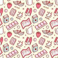 Strawberry and Mint Bubble Gum Seamless pattern. Hand Drawn Doodle Chewing Gums. Sweets. Vector illustration
