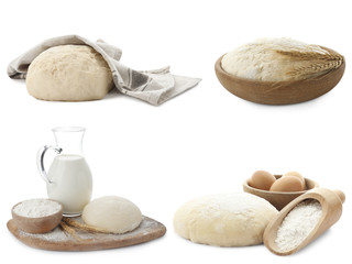Set with raw dough and ingredients for pastries on white background