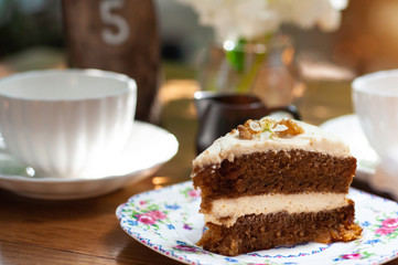Deset cake serve with tea and coffee set in afternoon. Tea break with cake.