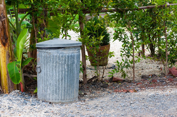 Old zinc bin in garden on small rock next to banana tree,