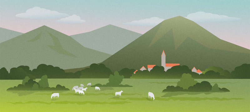 Mountain landscape with sheep grazing in a meadow. Vector illustration background with grainy texture.