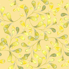 Yellow watercolour branches on light background. Floral seamless pattern, tender textile print, wallpaper design.