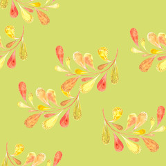 Red-yellow watercolour branches on light-green background. Floral seamless pattern, tender textile print, wallpaper design.