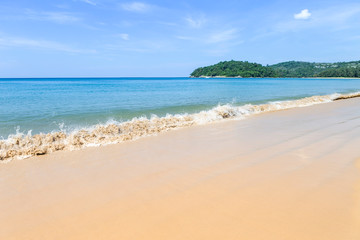 Fototapeta na wymiar Empty beach in south of Thailand, summer holiday to beautiful beach, vacation destination, outdoor day light, clean fine sand beach and blue see