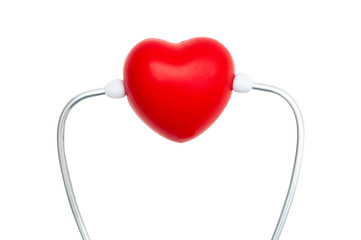 Doctor stethoscope blue rubber checking red heart and check patient heartbeat for diagnose disease, close up part of doctor stethoscope isolated on white. Medical conception.