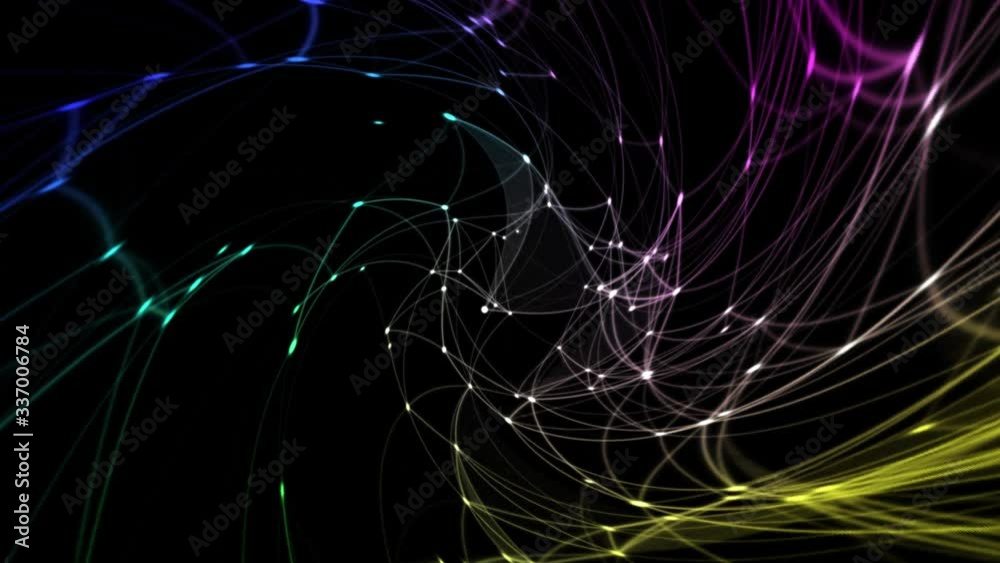 Poster Abstraction colourful dots and lines in curve motion. Lighting path in dark structure area.