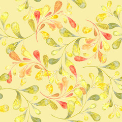 Orange and yellow watercolour branches on light-yellow background. Floral seamless pattern, tender textile print, wallpaper design.