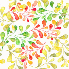 Yellow, green and red watercolour branches on white background. Floral seamless pattern, tender textile print, wallpaper design.